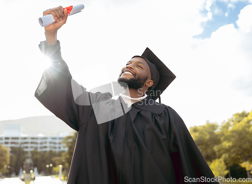 Image of Graduation event, diploma and black man celebrate achievement, success and smile. Happy graduate, education certificate and winner of university goals, learning award and student motivation of future