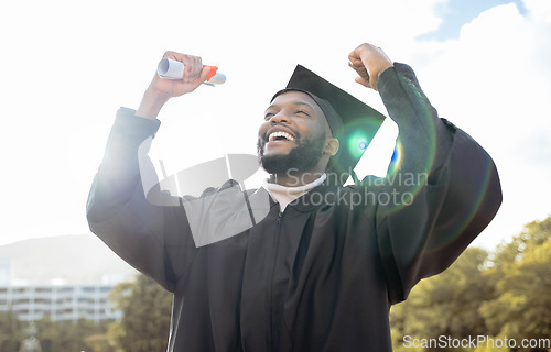 Image of Graduation, fist and black man celebrate success, achievement and college target. Happy graduate, education celebration and excited for university goals, learning award and student motivation of hope