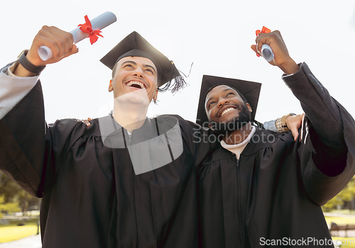 Image of Graduation, friends and pride of success, achievement or goals at outdoor college celebration. Happy graduate men thinking of future, education award and dream of motivation, hope or winning students