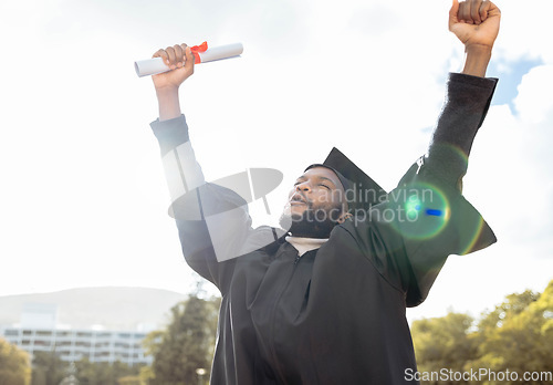 Image of Graduation, cheering and black man celebrate success, achievement and college target. Happy graduate, education celebration and excited for university goals, learning award and student motivation