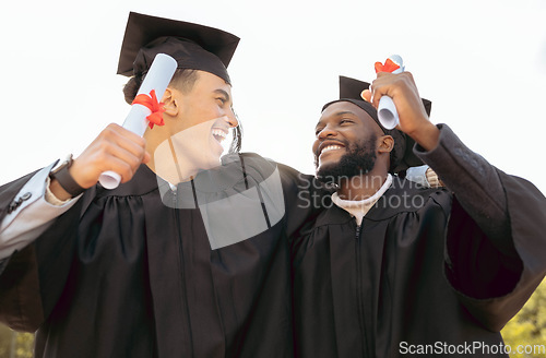 Image of Graduation, celebration and friends with diploma, success and pride. Happy men, graduate students and certificate of study goals, award and smile for certified education, motivation and winning event