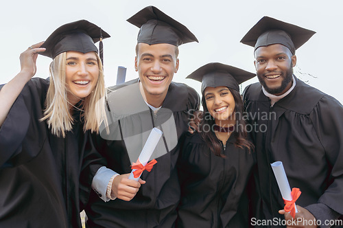 Image of Education, university and portrait of students for graduation, success and achievement in college. School, graduate and group of friends in celebration with certificate, diploma and academic degree