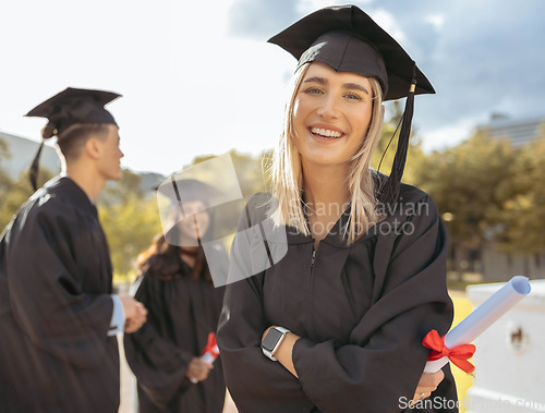 Image of Graduation, students and portrait of woman, certificate and diploma of success at outdoor college event. Happy graduate, education and smile for university goals, learning award and dream celebration