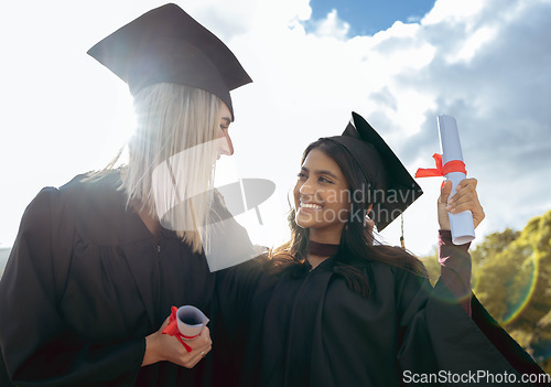 Image of Students, study and college certificate hug of graduate women together at celebration. Diploma success, happiness and excited friends with school, education and university graduation scroll