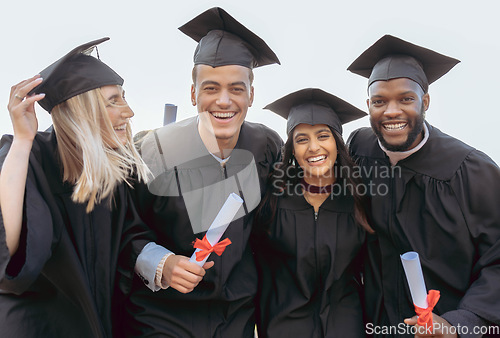 Image of Graduation, university and portrait of students with success, education and achievement in college. School, graduate and group of friends in celebration with certificate, diploma and academic award