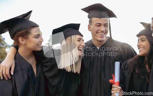 Image of Graduation, friends and diversity of students hug to celebrate success, college event and smile. Happy group, graduates and celebration of university goals, learning award and motivation of happiness
