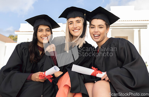 Image of Graduation, smile and portrait of women, group and scholarship success. Happy diversity students, graduate friends and study goals with award, pride and motivation of education, university or college