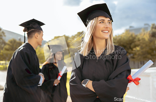 Image of Education, woman thinking and graduation outdoor, happiness and future with success, completed degree and smile. Young female, students and academic excited, daydreaming and ideas for opportunity