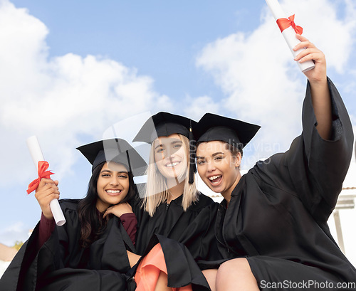 Image of Graduation, smile and portrait of female group of friends celebrate success on sky background. Happy women, diversity students and graduates in celebration of study goals, award and study motivation