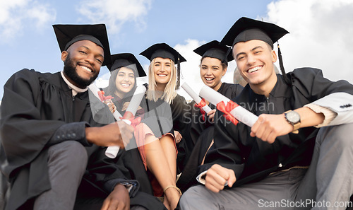 Image of Graduation, group portrait and students celebrate success on sky background. Happy international graduates, friends and celebration of study goals, award and smile for college certificate of learning