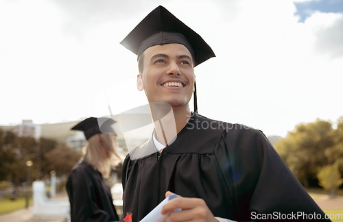 Image of Graduation, happy man and thinking of success, achievement and study goals at outdoor college event. Graduate, education award and smile for future, dream and motivation of learning, hope and pride