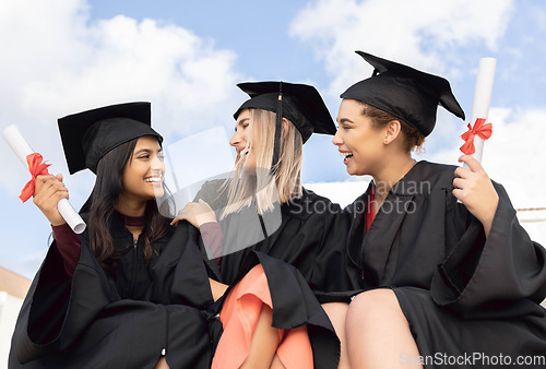 Image of Graduation, education and group of friends celebrate success on sky background. Happy women, diversity students and graduates in celebration of study goals, award and smile with college certificate