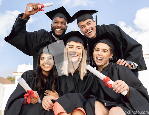 Image of Graduation, diversity students and portrait for education success on sky background. Excited graduates, happy friends and celebration of study goals, university award and smile at college event