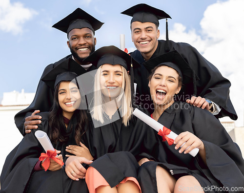 Image of Graduation, student group and happy portrait for success, diversity and sky background. International graduates, friends and celebration of study goals, award and smile for college education event