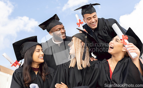 Image of Graduation, happy students and group celebrate education success on sky background. Excited graduates, diversity campus and celebration of study goals, university award and friends at college event