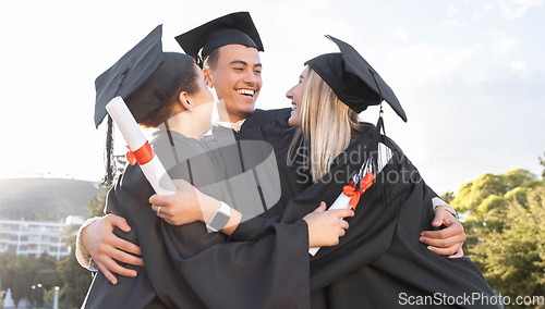 Image of Student graduation, friends and hug for celebration, success and certified education event outdoor. Diversity, smile and excited graduates celebrate at happy campus, university goals or study support