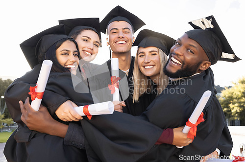 Image of Graduation, group portrait and hug for celebration, success and education event outdoor. Diversity, students and excited graduates celebrate at happy campus, university goals and college dream award