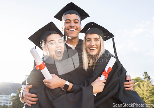 Image of Student graduation, group portrait and hug for celebration, success and education event outdoor. Diversity, smile and excited graduates celebrate at happy campus, university goals and college support