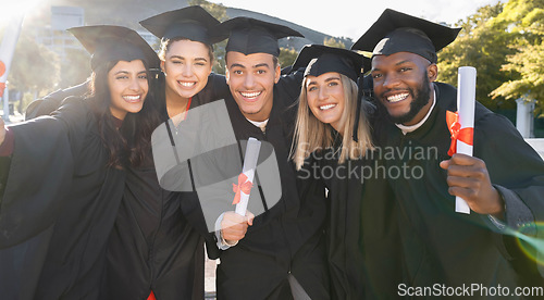 Image of Graduation, happy group and portrait of students celebrate education success. Diversity of excited graduates smile outdoor at campus celebration for study goals, university award and college friends