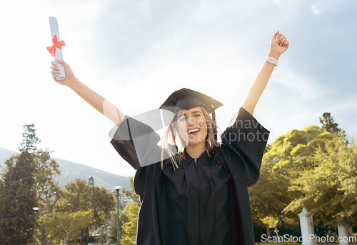 Image of Graduation event, portrait and happy woman celebrate achievement, success and smile. Excited graduate, education certificate and celebration of university goals, learning award and student motivation