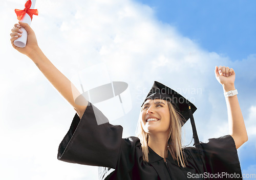 Image of Happy graduation, diploma and woman on sky background for success, celebration and scholarship. Happy graduate, education certificate and excited for university goals, award and motivation for future