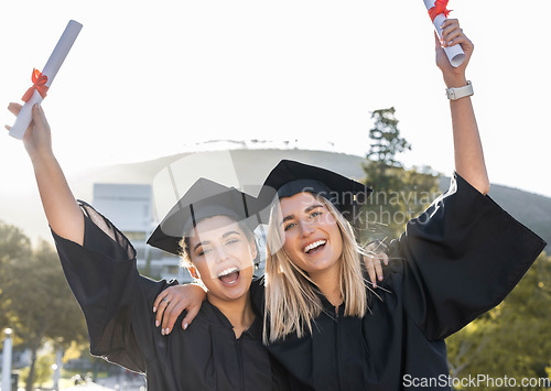 Image of Graduation, celebration and portrait of women cheering for scholarship success. Happy female students, graduate certificate and study goals with award, smile and motivation of friends at university