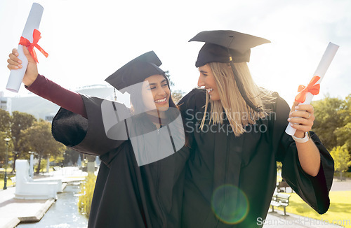 Image of Graduation, celebration and friends with diploma, success and pride. Happy women, graduate students and certificate of study goals, target award and smile of education, motivation and winning outdoor