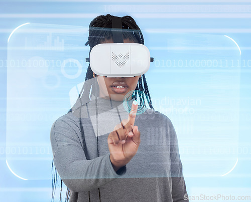 Image of Vr, augmented reality and digital with black woman and 3d for future, cyber and metaverse. Media, ui and technology with girl and headset for ux interface, innovation and data analytics graphics