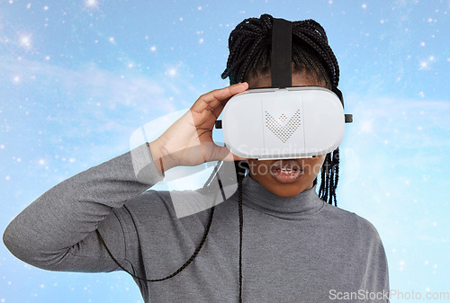 Image of Vr, gaming and digital with black woman and metaverse for future, cyber and 3d system. Media, ui and web technology with girl and headset for internet, augmented reality and data analytics graphics