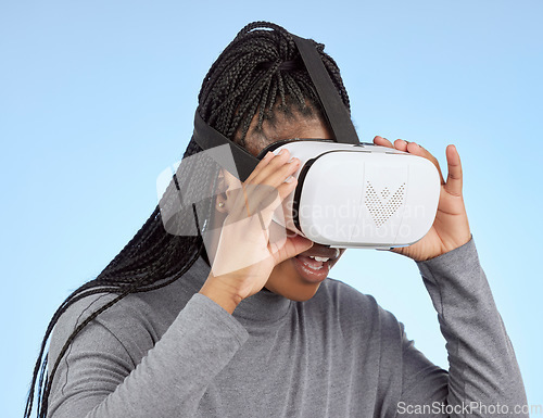 Image of Vr, gaming and digital with black woman and metaverse for future, cyber and 3d system. Media, ui and web technology with girl and headset for internet, augmented reality and data analytics graphics