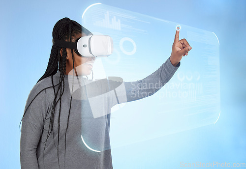 Image of Vr, augmented reality and digital with black woman and 3d hologram for future, cyber and metaverse. Media, ui and technology with girl and headset for ux interface, innovation and data graphics