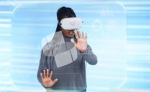 Image of Vr, augmented reality and digital with black woman and 3d hologram for future, cyber and metaverse. Media, ui and technology with girl and headset for ux interface, innovation and data graphics