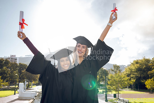 Image of Graduation, celebration and portrait of women, friends and scholarship success. Happy students, graduate certificate and study goals with award, smile and motivation of education, winner and learning