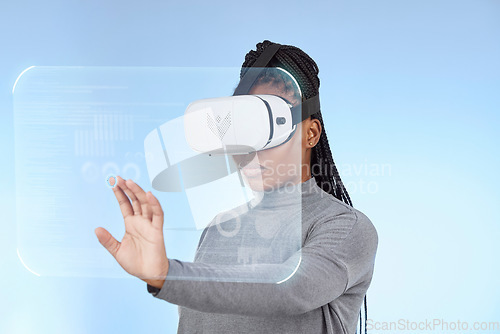 Image of Vr, augmented reality and digital with black woman and 3d hologram for future, cyber and metaverse. Media, ui and technology with girl and headset for ux interface, innovation and data graphics