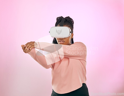 Image of Virtual reality sword, cyber gaming or woman in sci fi augmented reality, futuristic ai metaverse or future warrior. Fantasy game gesture, ninja samurai simulation or pink African gamer in vr headset