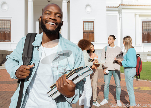 Image of Portrait, black man and students on campus, outdoor and conversation for knowledge, growth and learning. African American male, student and academics on university, development and higher education