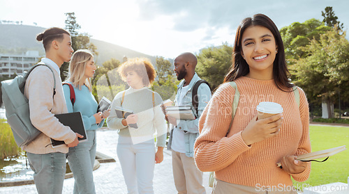 Image of Campus, university and student portrait with study group, learning community and happy education goals. Young gen z person, woman or youth with smile for scholarship, teamwork and schedule planning