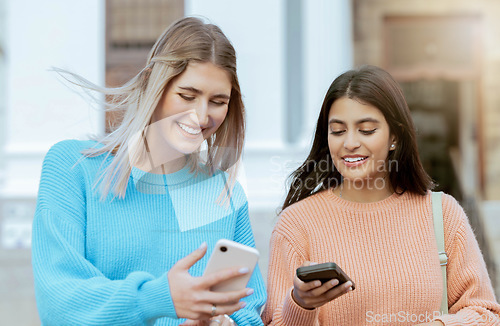 Image of Friends, women with smartphone, social media and technology with students on campus, online and outdoor. Connection, meme or post with happiness, communication with 5g network and Gen z youth