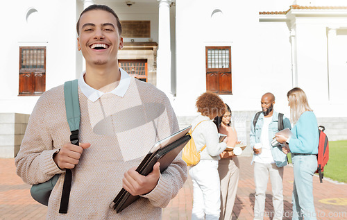 Image of Campus, university and student portrait with outdoor community, happy education and study vision or goals. Young gen z person, man or youth with smile for scholarship, philosophy and history notebook