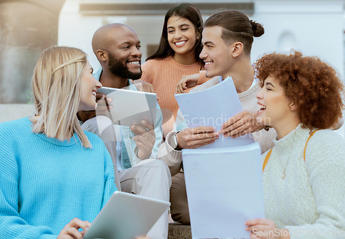 Image of Tablet, university and students group studying, teamwork and planning schedule, project ideas or collaboration. Happy black people, diversity youth or friends on college campus for online education