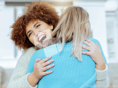 Image of Love, friends and women hug, reunion and excited for achievement, happiness and outdoor. Young females, ladies and embrace outside, celebration for bonding and support with smile, relax or cheerful