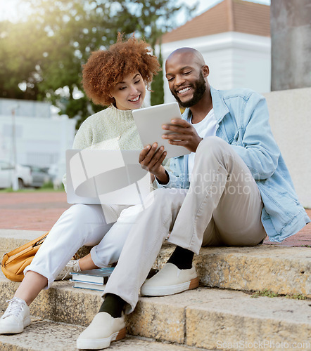 Image of Friends, technology and online on tablet and laptop, social media communication and young students outdoor. Black man, woman and smile, internet and 5g network with video or meme on college steps