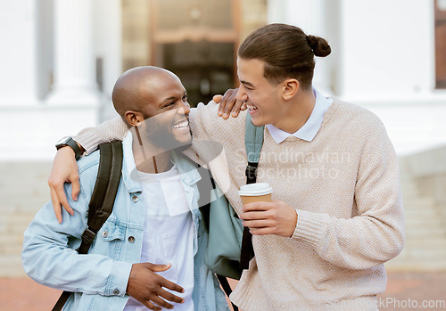 Image of University, campus and students or friends laugh together for college education, funny conversation or studying support. Diversity black man or people hug, outdoor talking and coffee break with smile