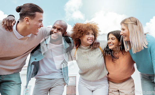 Image of Student, friends and happy people with diversity, happiness and university support. Students community, smile and college group outdoor ready for learning and teamwork with motivation and blue sky