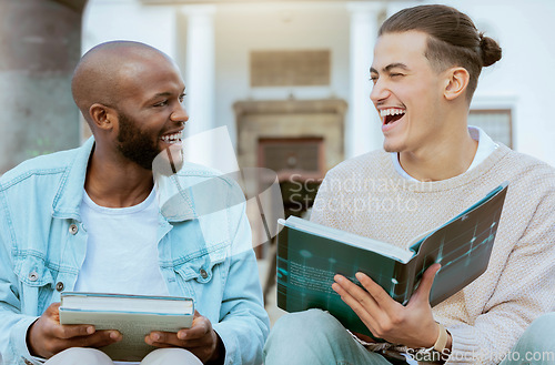 Image of Students, learning and laughing with university, scholarship and education books on steps. Outdoor, friends and diversity of men in a conversation with a funny joke and books for study knowledge