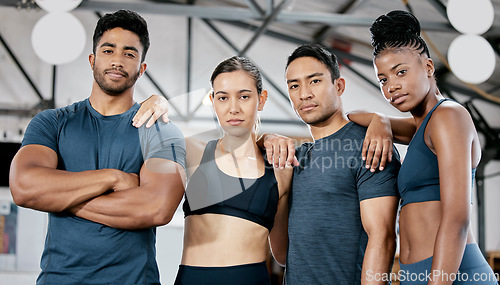 Image of Fitness, diversity and portrait of people in gym for teamwork, support and workout. Motivation, coaching and health with friends training in sports center for cardio, endurance and wellness challenge