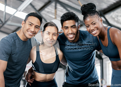 Image of Fitness, happy and portrait of friends in gym for teamwork, support and workout. Motivation, coaching and health with people training in sports center for cardio, endurance and wellness challenge