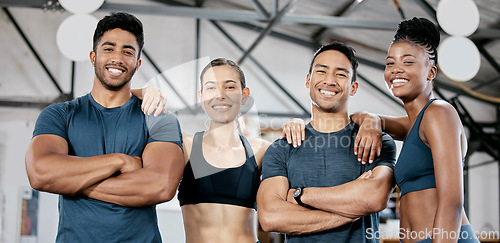 Image of Fitness smile and portrait of friends in gym for teamwork, support and workout. Motivation, coaching and health with people training in sports center for cardio, endurance and wellness challenge