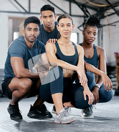 Image of Fitness, diversity and portrait of people in gym for teamwork, support and workout. Motivation, coaching and health with friends training in sports center for cardio, endurance and wellness challenge