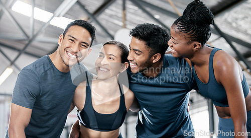 Image of Diversity, fitness and team collaboration for exercise, workout or training together at a indoor gym. Happy diverse group of people with smile in sports teamwork, huddle or hug for healthy exercising